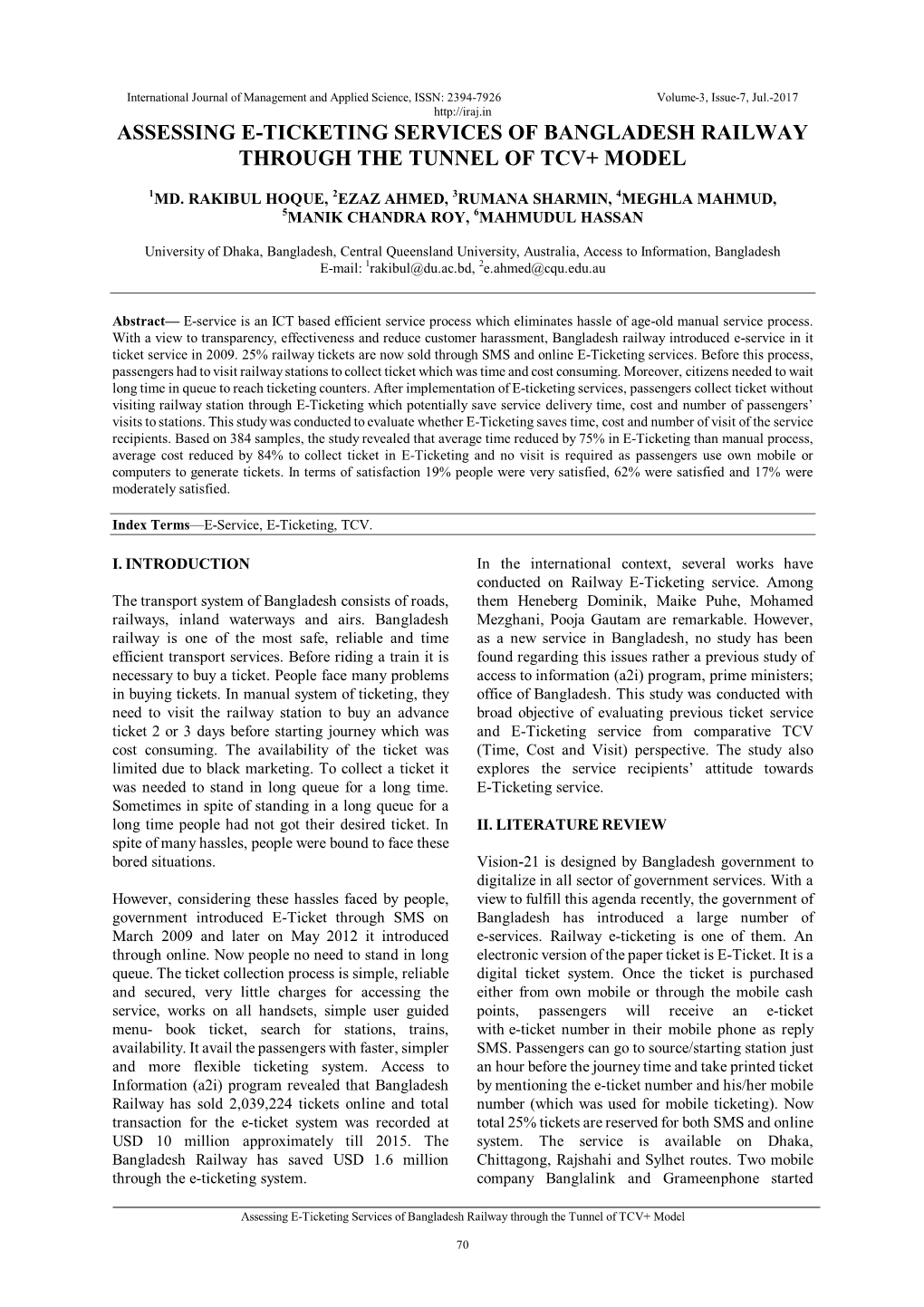 Assessing E-Ticketing Services of Bangladesh Railway Through the Tunnel of Tcv+ Model