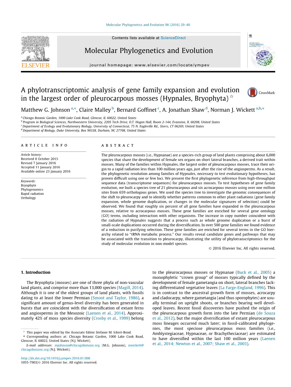 A Phylotranscriptomic Analysis of Gene Family Expansion and Evolution in the Largest Order of Pleurocarpous Mosses (Hypnales, Bryophyta) Q