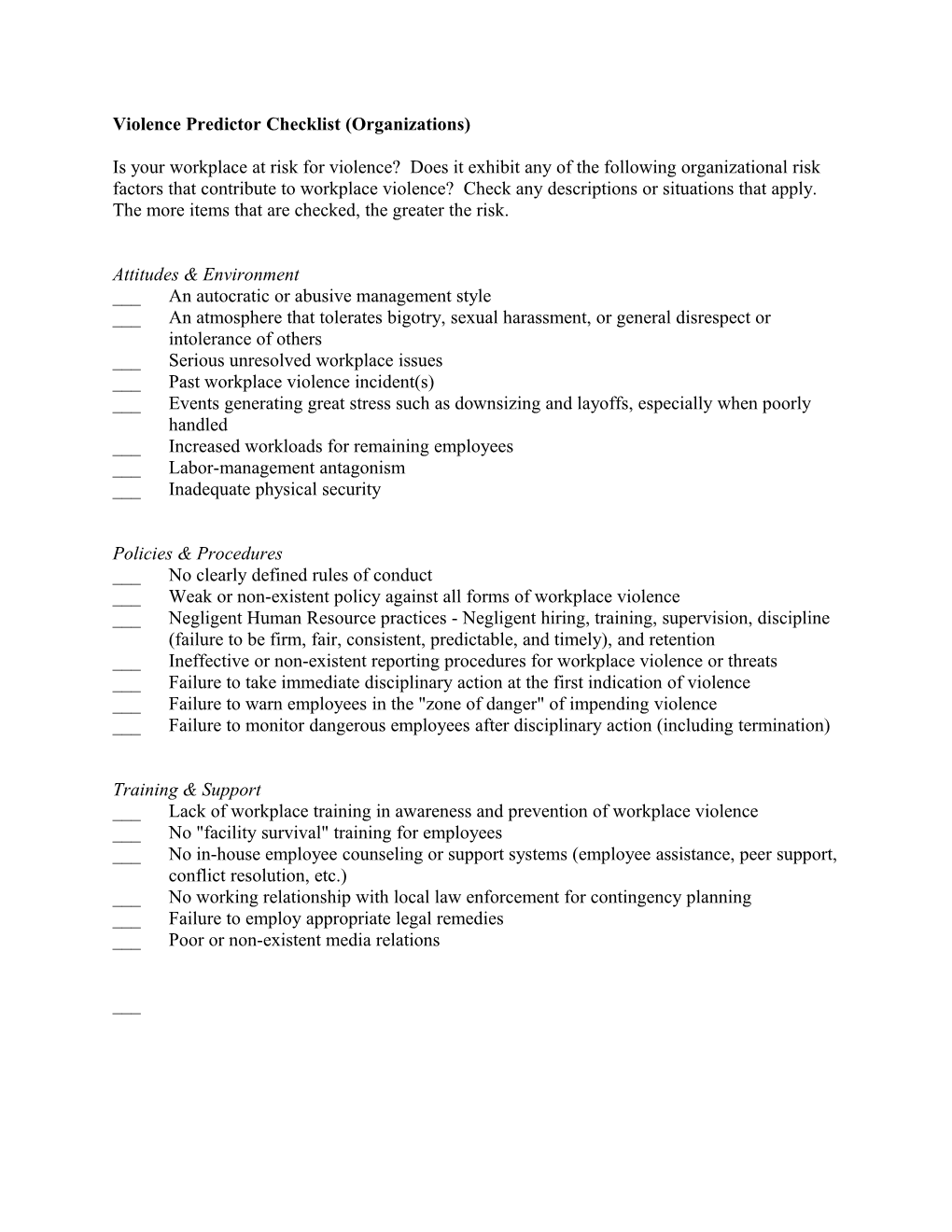 Early Warning Signs - Organizational Factors Contributing to Workplace Violence