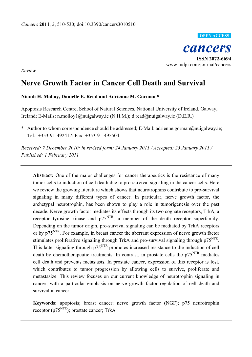 Nerve Growth Factor in Cancer Cell Death and Survival