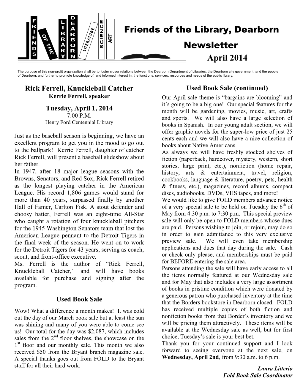 Friends of the Library, Dearborn Newsletter April 2014