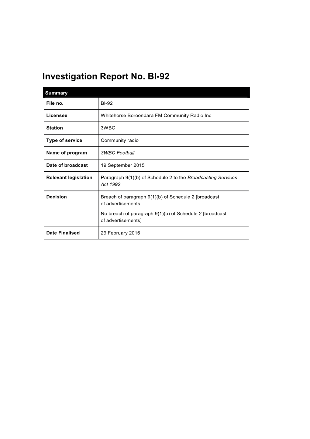 Final Investigation Report - 3WBC - VFL Finals