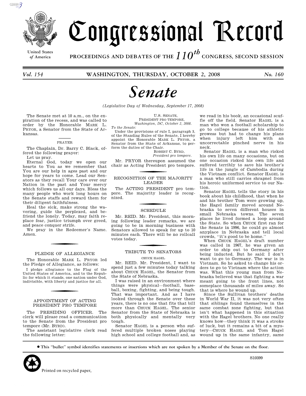 Congressional Record United States Th of America PROCEEDINGS and DEBATES of the 110 CONGRESS, SECOND SESSION