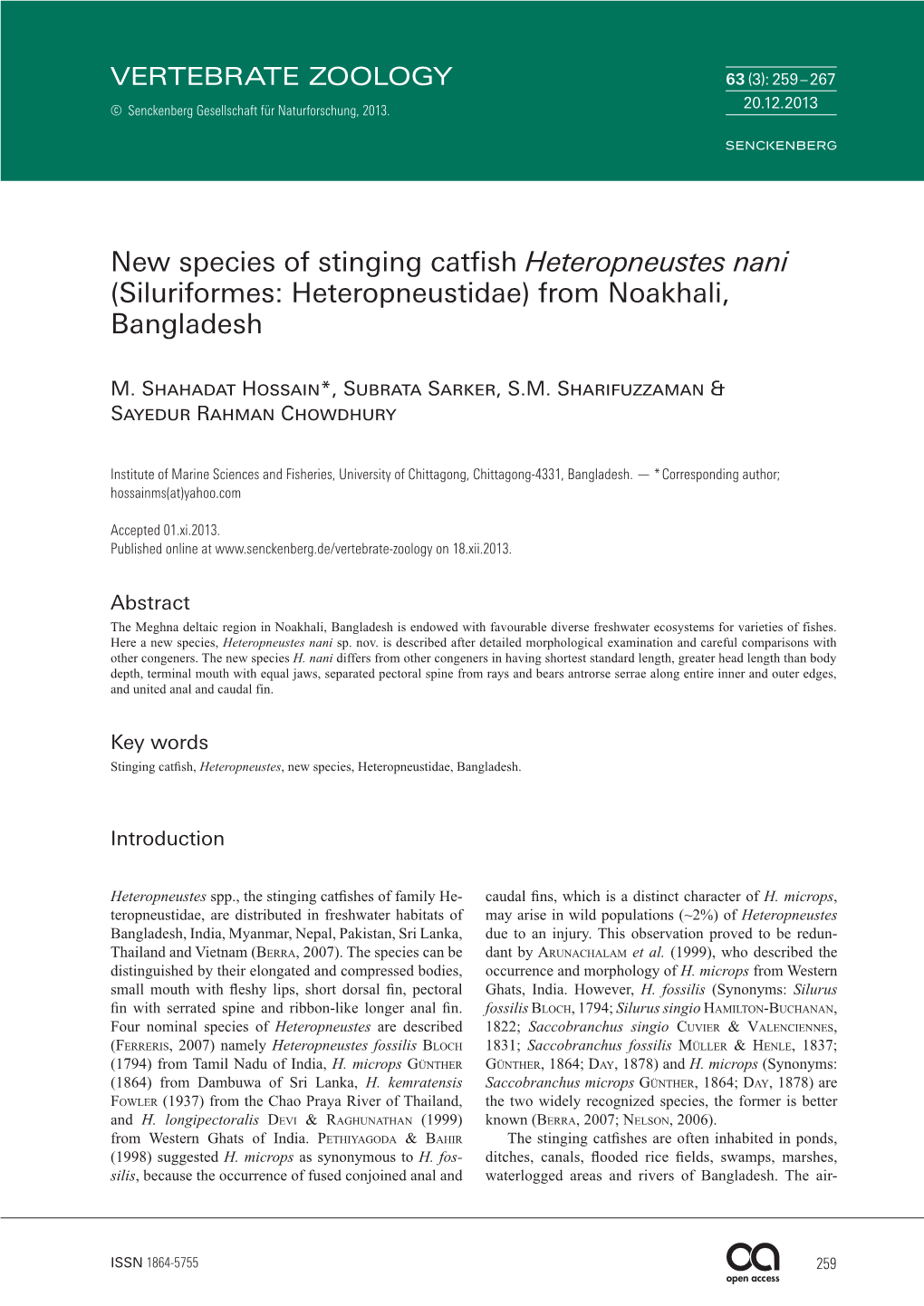 New Species of Stinging Catfish Heteropneustes Nani (Siluriformes: Heteropneustidae) from Noakhali, Bangladesh