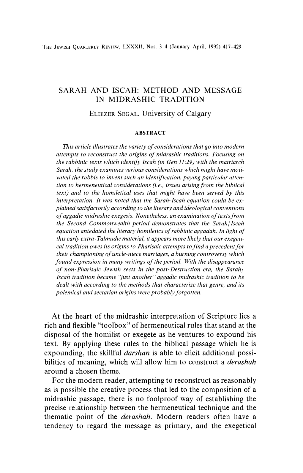 SARAH and ISCAH: METHOD and MESSAGE in MIDRASHIC TRADITION ELIEZERSEGAL, University of Calgary