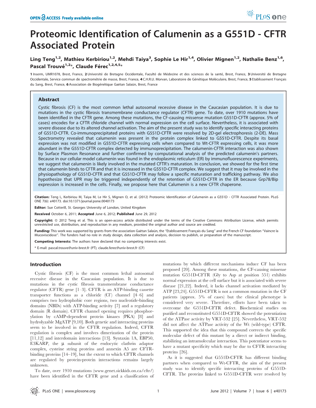 Proteomic Identification of Calumenin As a G551D - CFTR Associated Protein