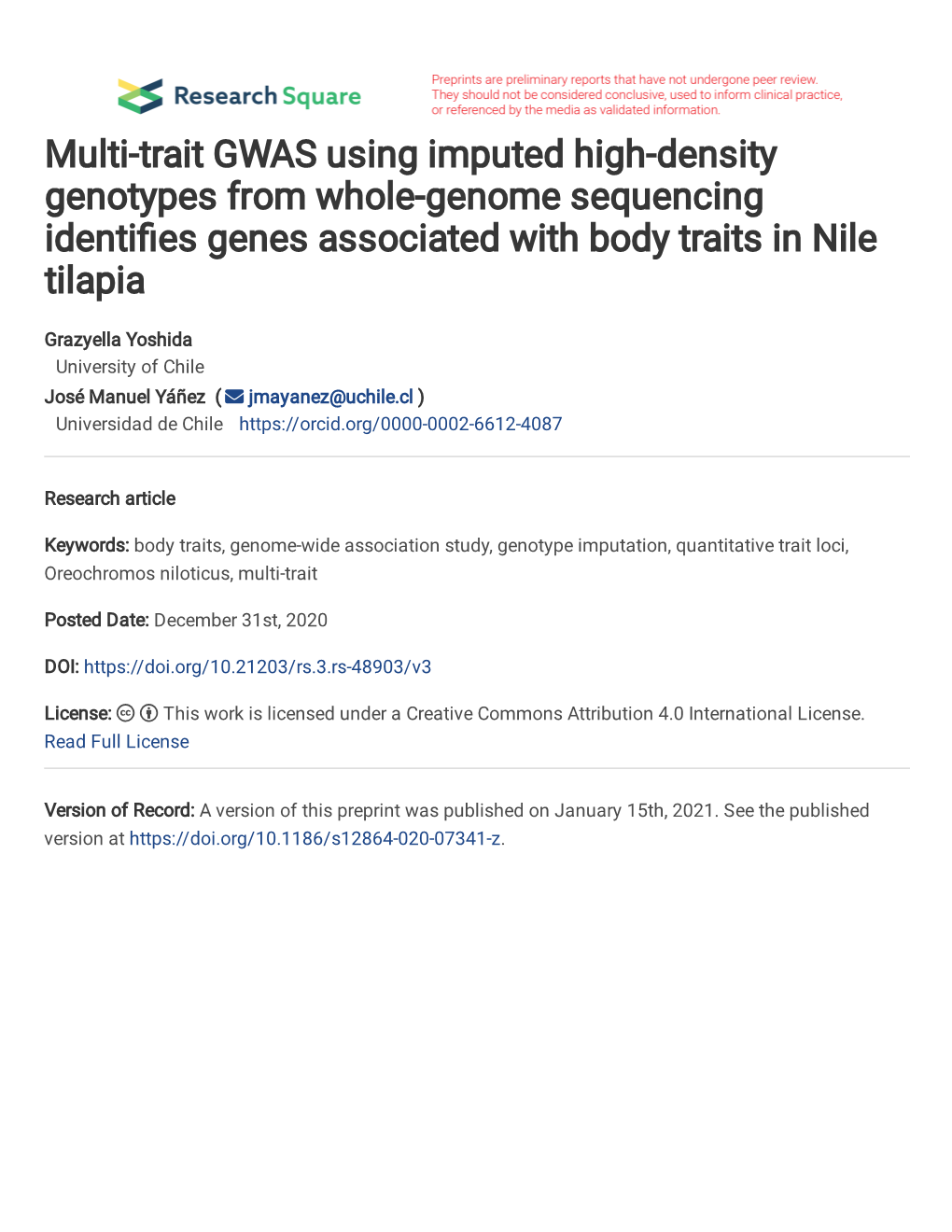 Multi-Trait GWAS Using Imputed High-Density Genotypes from Whole-Genome Sequencing Identi�Es Genes Associated with Body Traits in Nile Tilapia