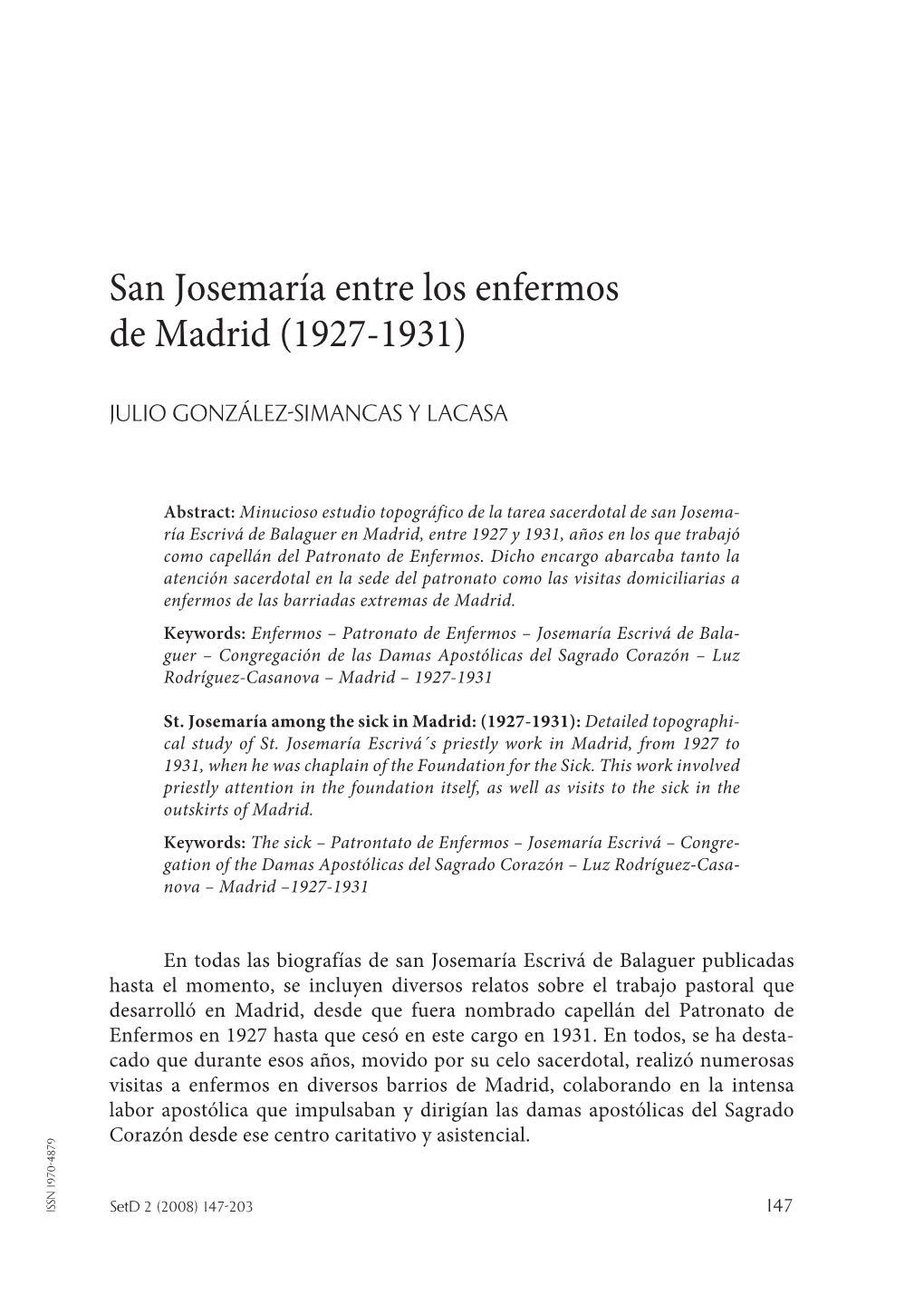 San Josemaría Entre Los Enfermos De Madrid (1927-1931)