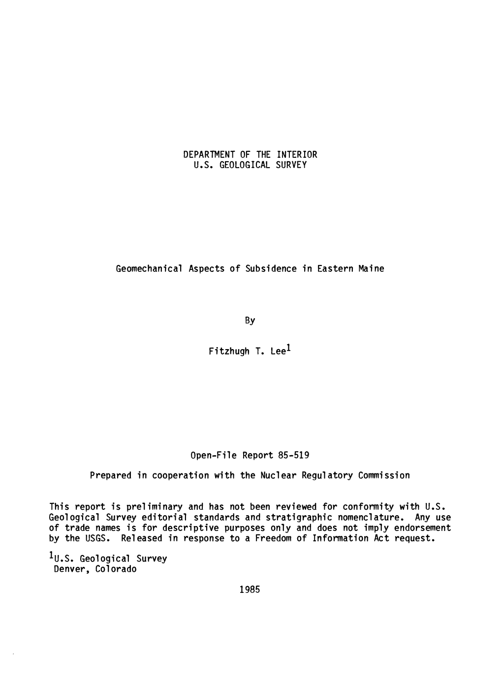 Geomechanical Aspects of Subsidence in Eastern Maine By