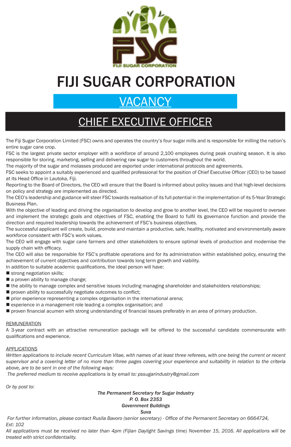 Fiji Sugar Corporation Vacancy Chief Executive Officer