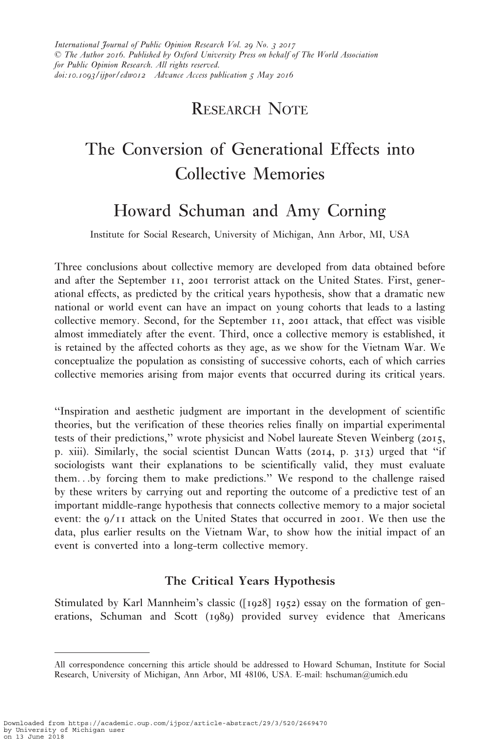 The Conversion of Generational Effects Into Collective Memories