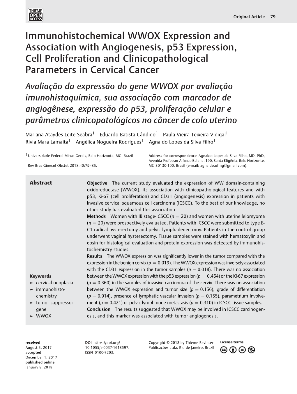 Immunohistochemical WWOX Expression and Association with Angiogenesis, P53 Expression, Cell Proliferation and Clinicopathologica