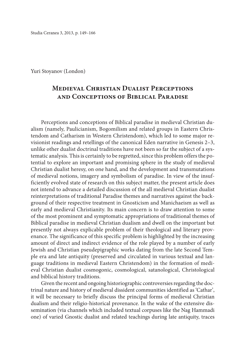 Medieval Christian Dualist Perceptions and Conceptions of Biblical Paradise