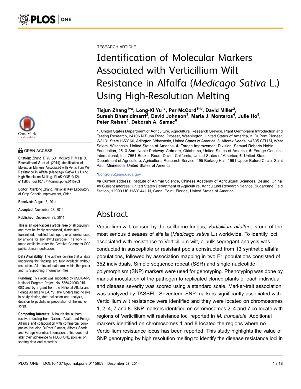 Identification of Molecular Markers Associated with Verticillium Wilt Resistance in Alfalfa (Medicago Sativa L.) Using High-Resolution Melting