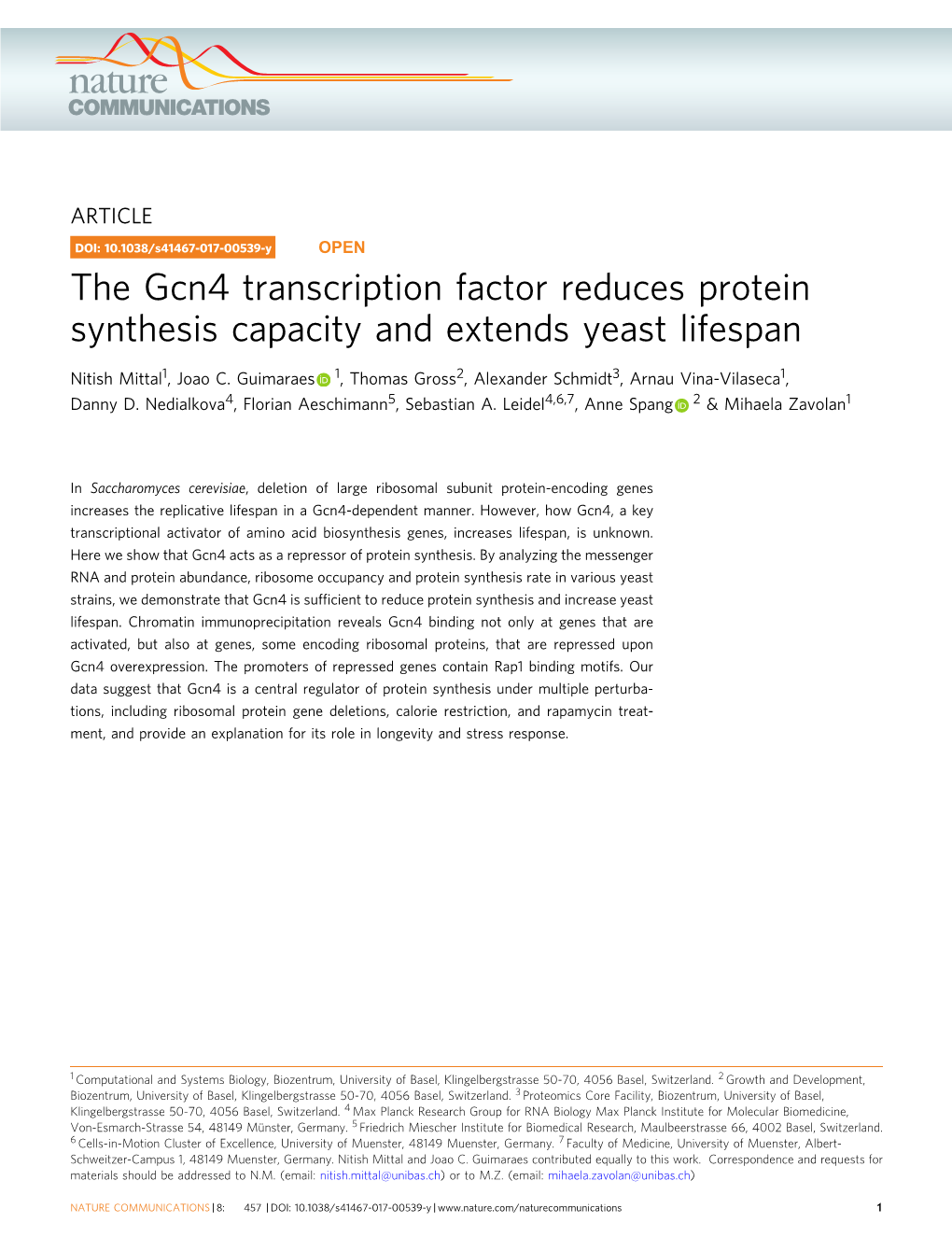 The Gcn4 Transcription Factor Reduces Protein Synthesis Capacity and Extends Yeast Lifespan