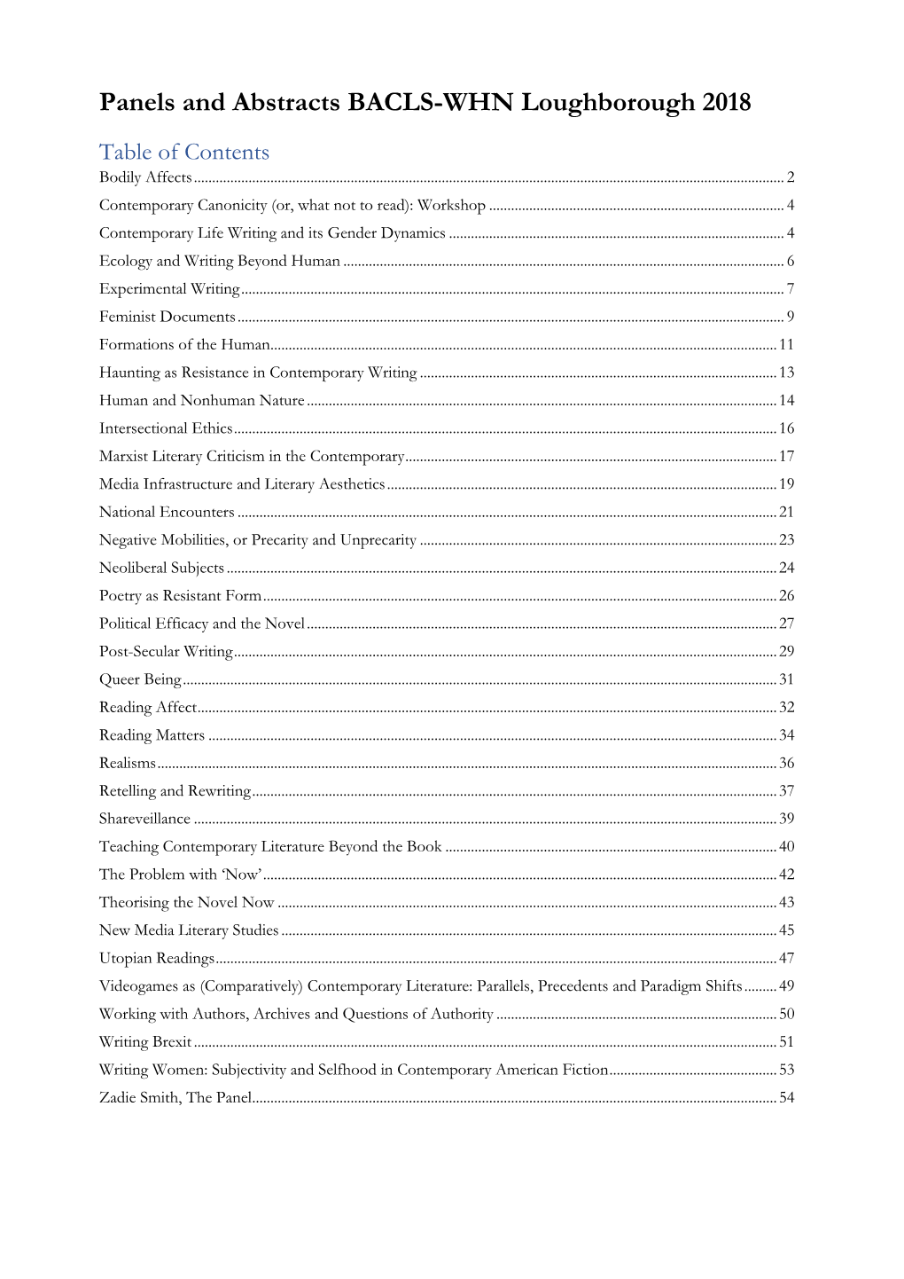 Panels and Abstracts BACLS-WHN Loughborough 2018 Table of Contents Bodily Affects