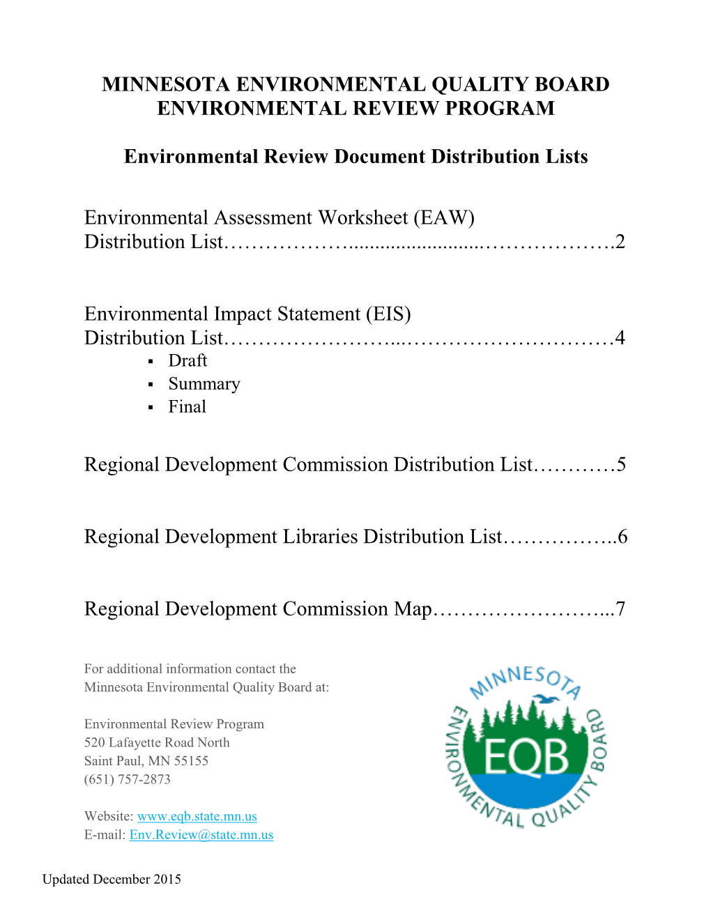 Minnesota Environmental Quality Board Environmental Review Program