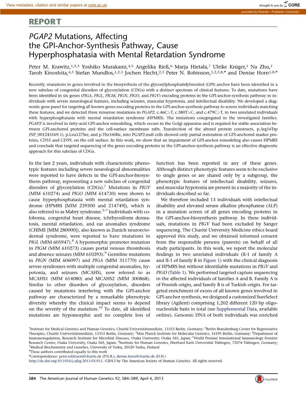 PGAP2 Mutations, Affecting the GPI-Anchor-Synthesis Pathway, Cause Hyperphosphatasia with Mental Retardation Syndrome