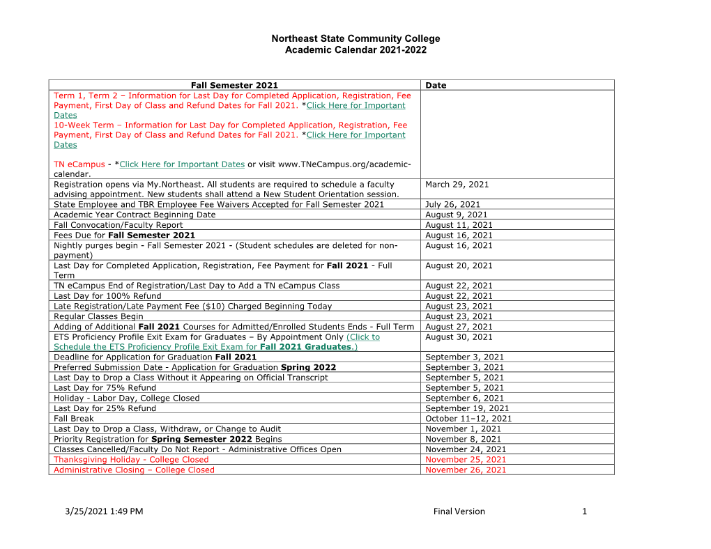 Northeast State Community College Academic Calendar 2021-2022 3