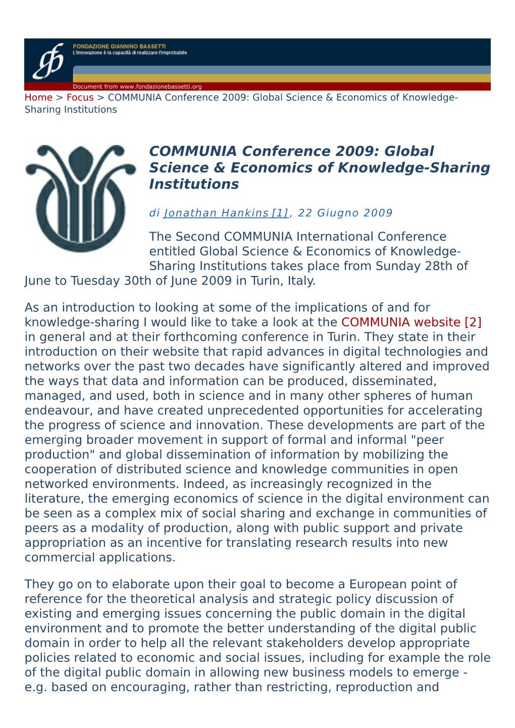 COMMUNIA Conference 2009: Global Science & Economics of Knowledge- Sharing Institutions