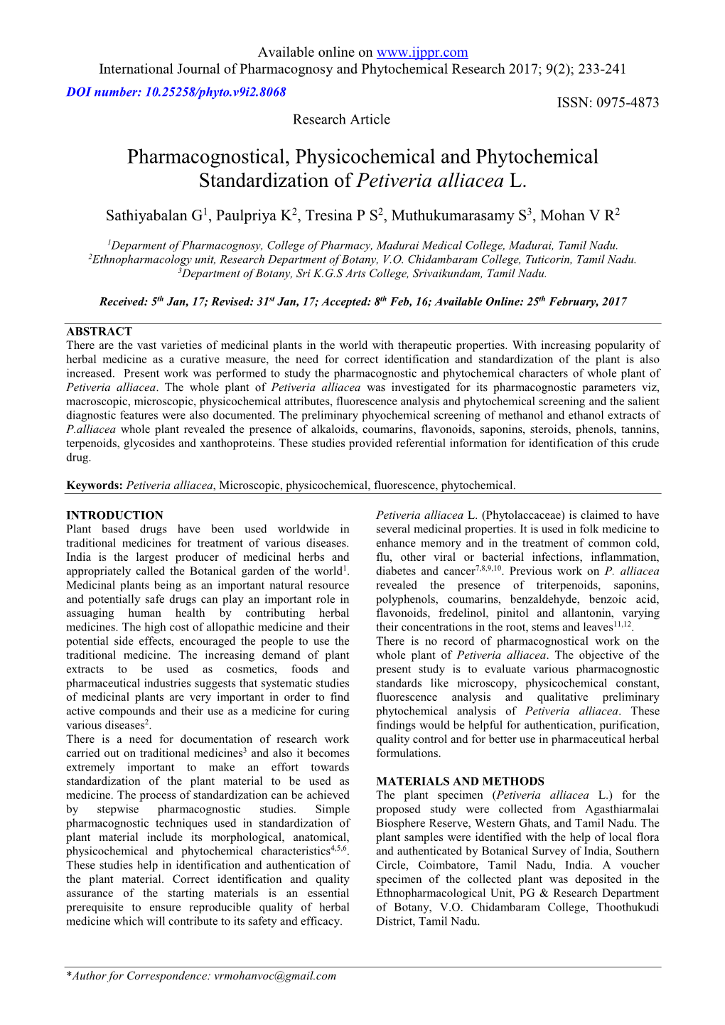 Pharmacognostical, Physicochemical and Phytochemical Standardization of Petiveria Alliacea L