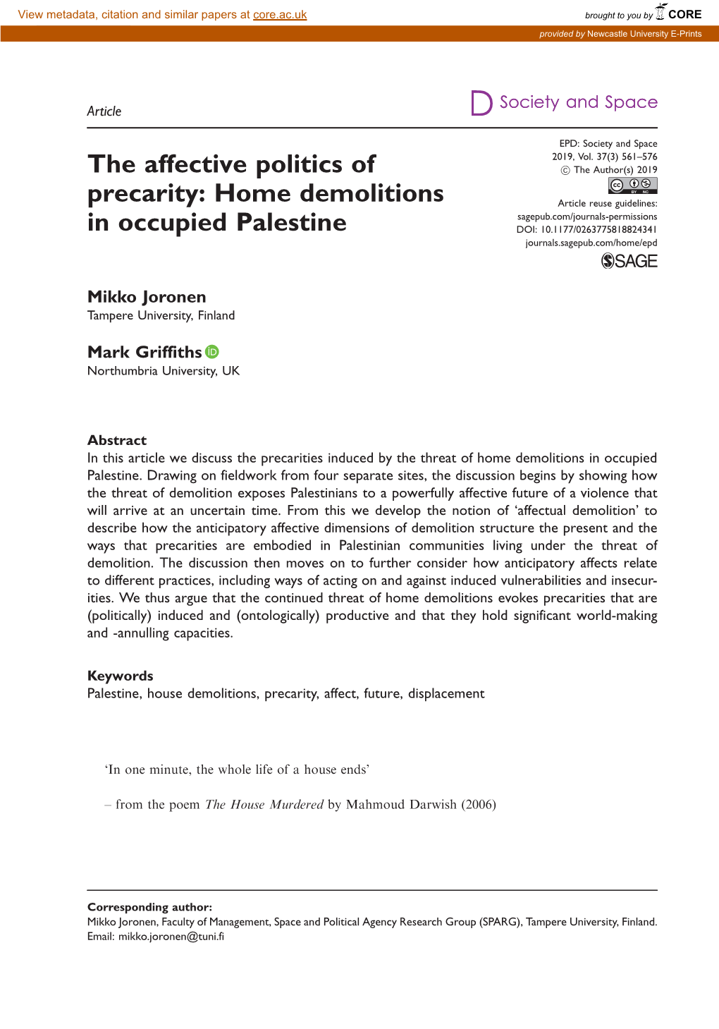 The Affective Politics of Precarity: Home Demolitions in Occupied