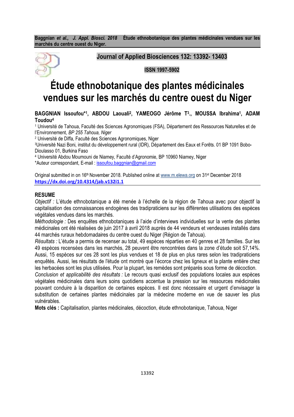 Étude Ethnobotanique Des Plantes Médicinales Vendues Sur Les Marchés Du Centre Ouest Du Niger