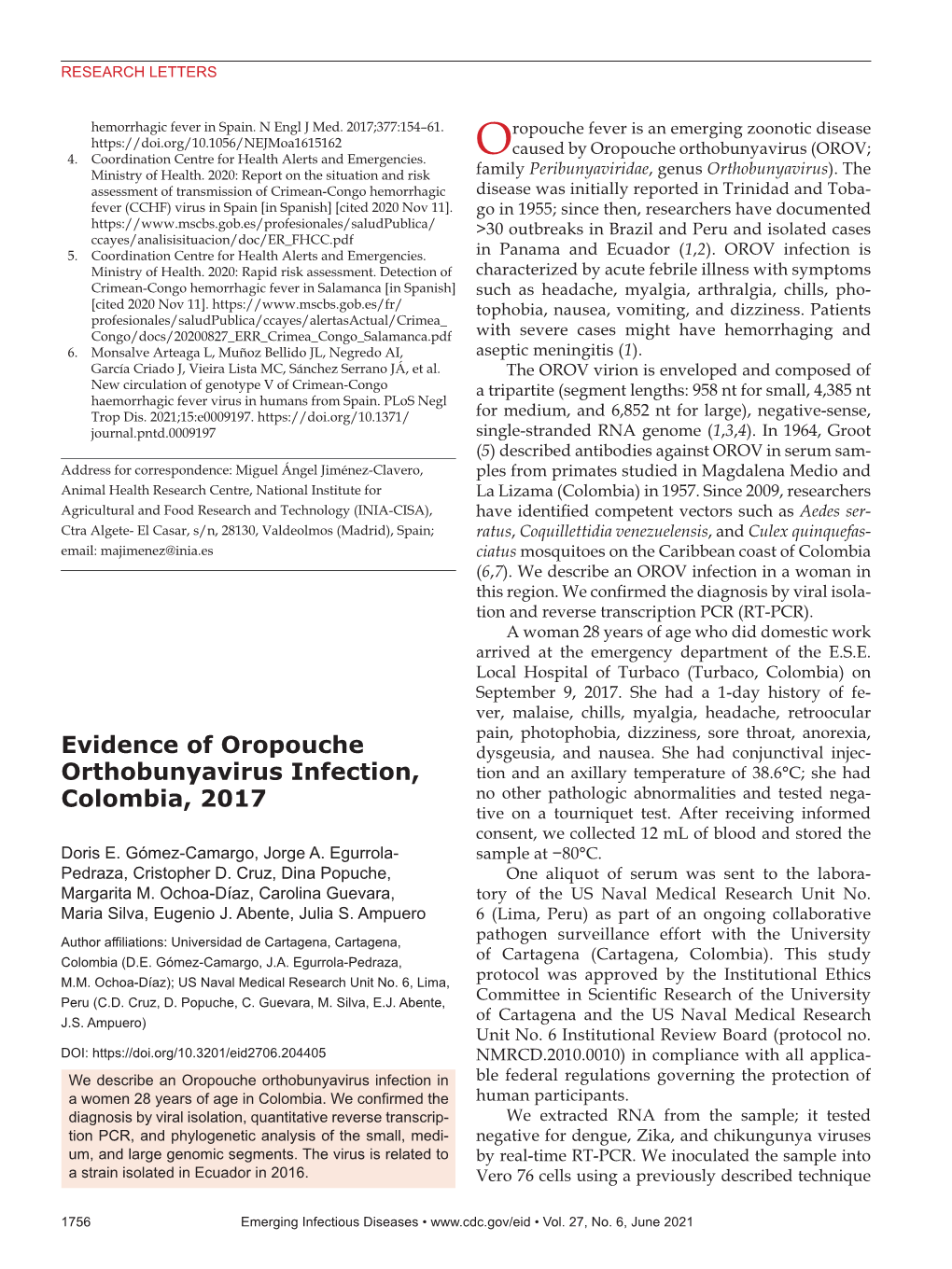 Evidence of Oropouche Orthobunyavirus Infection