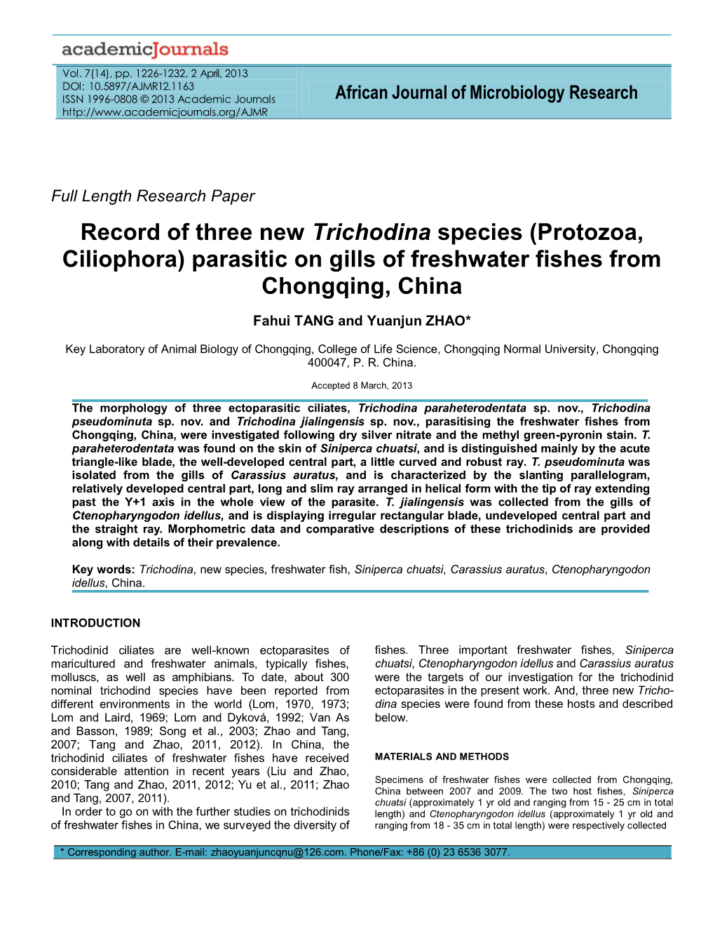 (Protozoa, Ciliophora) Parasitic on Gills of Freshwater Fishes from Chongqing, China