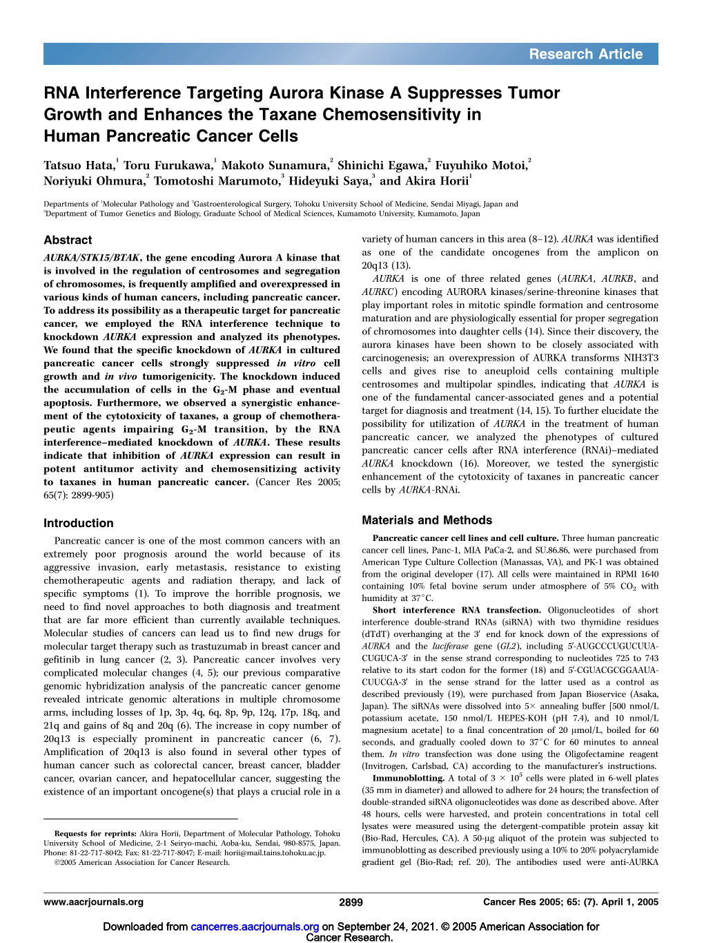 RNA Interference Targeting Aurora Kinase a Suppresses Tumor Growth and Enhances the Taxane Chemosensitivity in Human Pancreatic Cancer Cells