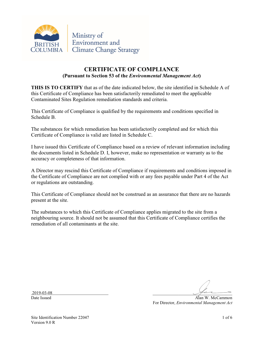 CERTIFICATE of COMPLIANCE (Pursuant to Section 53 of the Environmental Management Act)