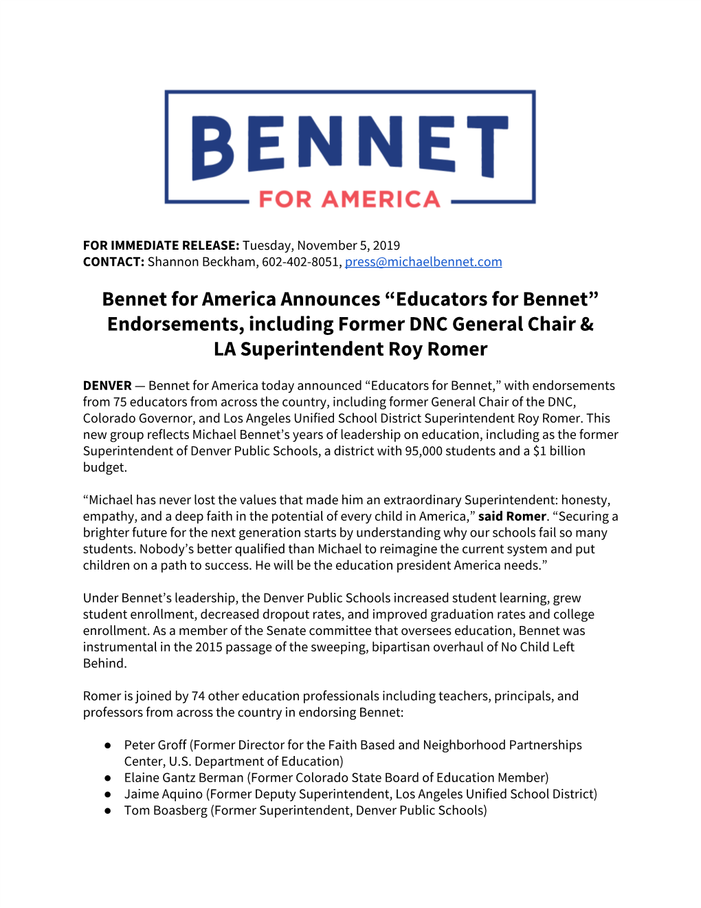 Educators for Bennet” Endorsements, Including Former DNC General Chair & LA Superintendent Roy Romer