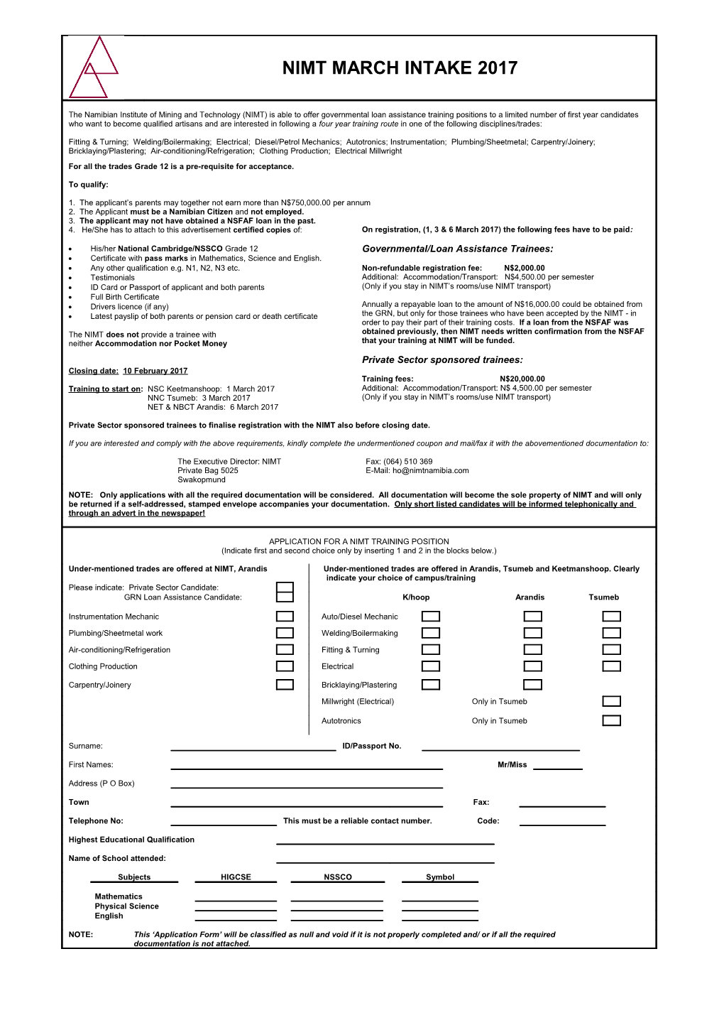 Nimt 1997 - Bursary Assistance