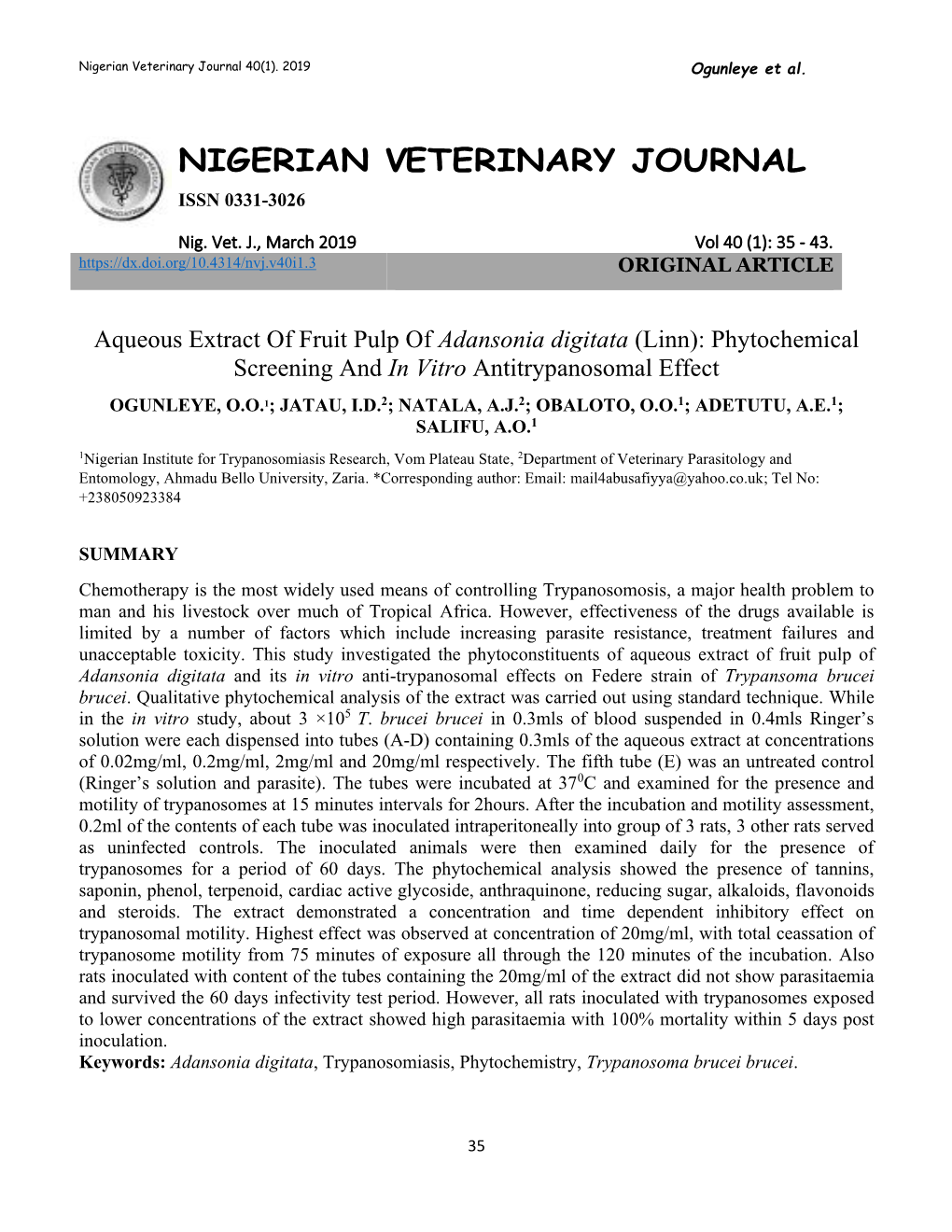 Adansonia Digitata (Linn): Phytochemical Screening and in Vitro Antitrypanosomal Effect