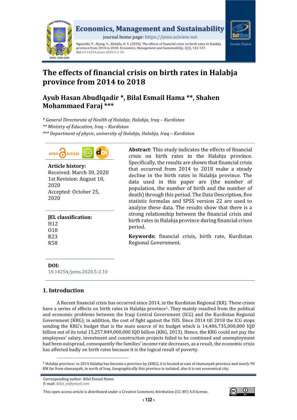The Effects of Financial Crisis on Birth Rates in Halabja Province from 2014 to 2018