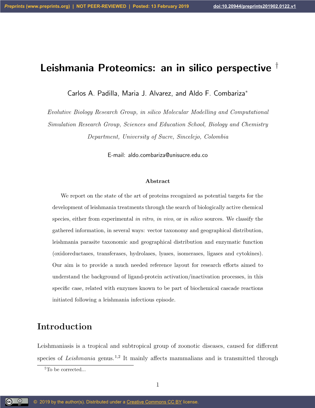 Leishmania Proteomics: an in Silico Perspective †