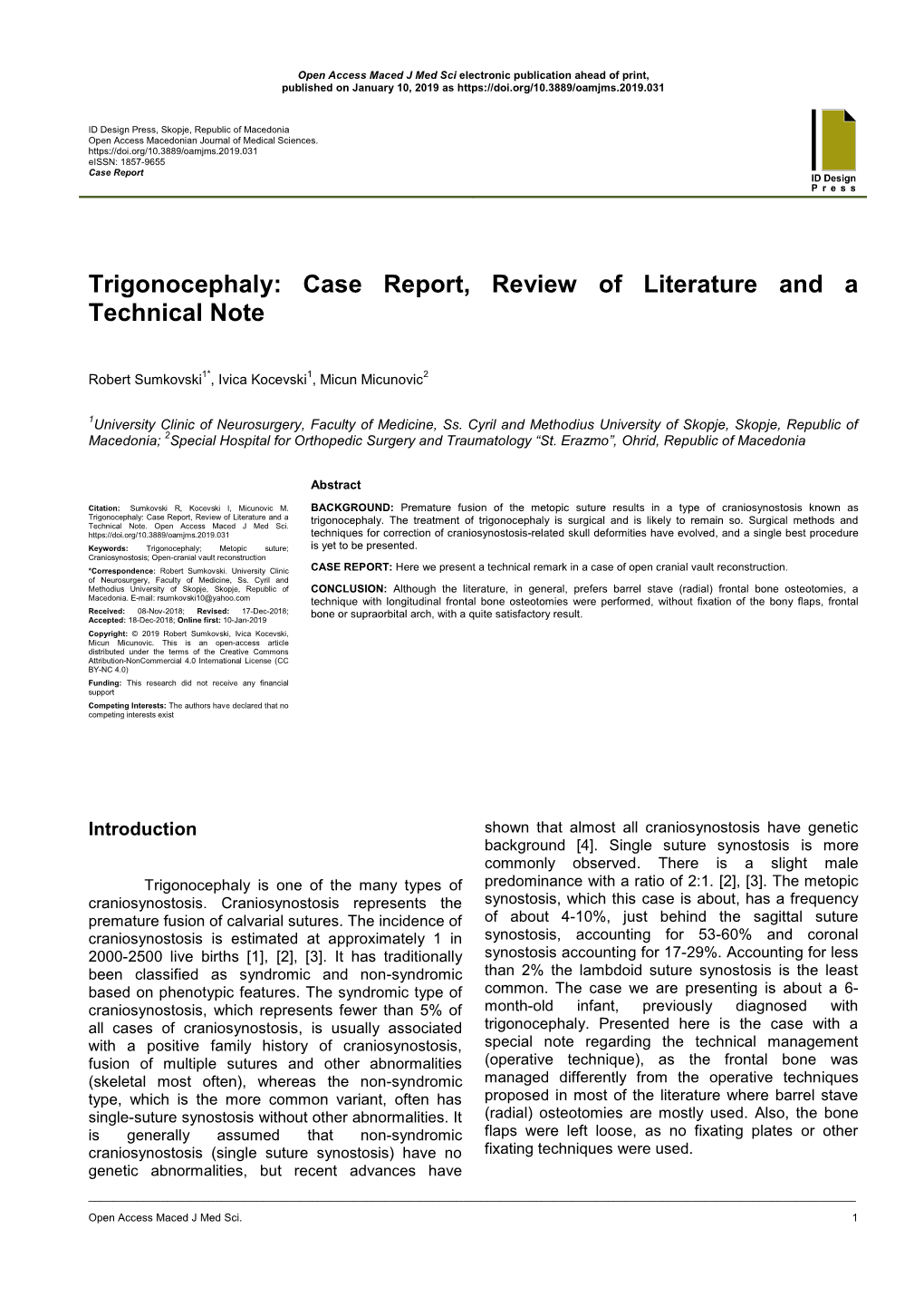 Trigonocephaly: Case Report, Review of Literature and a Technical Note