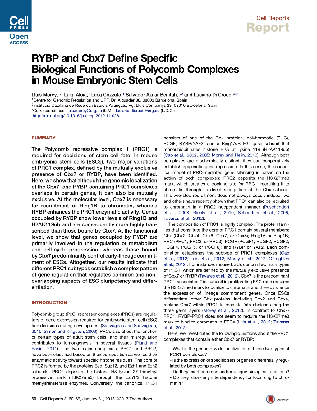 RYBP and Cbx7 Define Specific Biological Functions of Polycomb