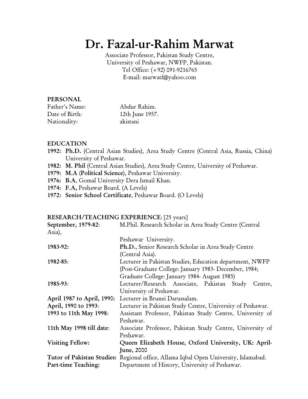 Resume of Dr. Fazal-Ur-Rahim Marwat