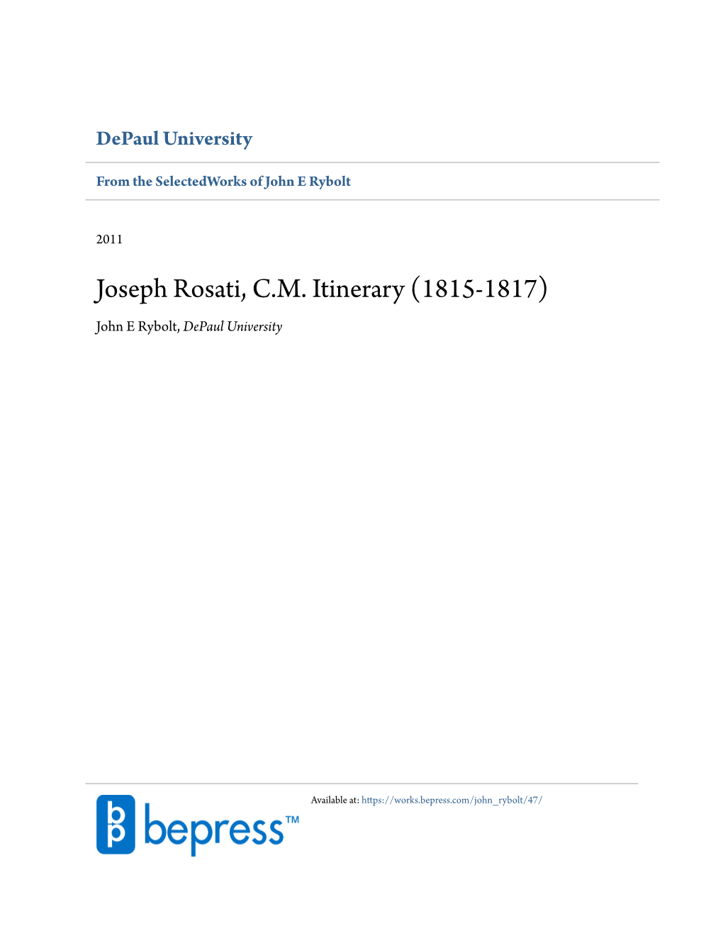 Joseph Rosati, C.M. Itinerary (1815-1817) John E Rybolt, Depaul University