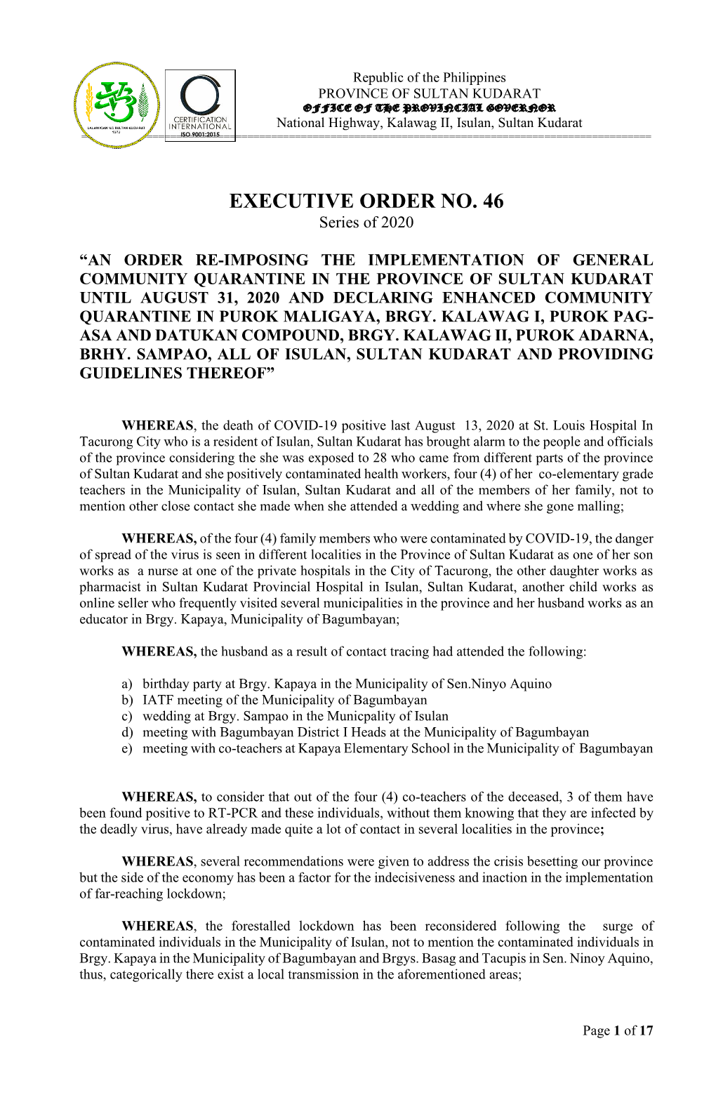 Executive Order No. 46, Series of 2020