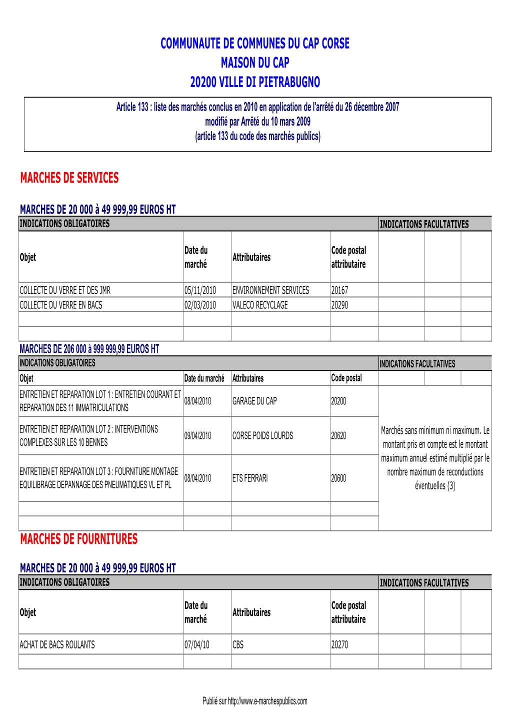 Liste Des Marches Attribues En 2010