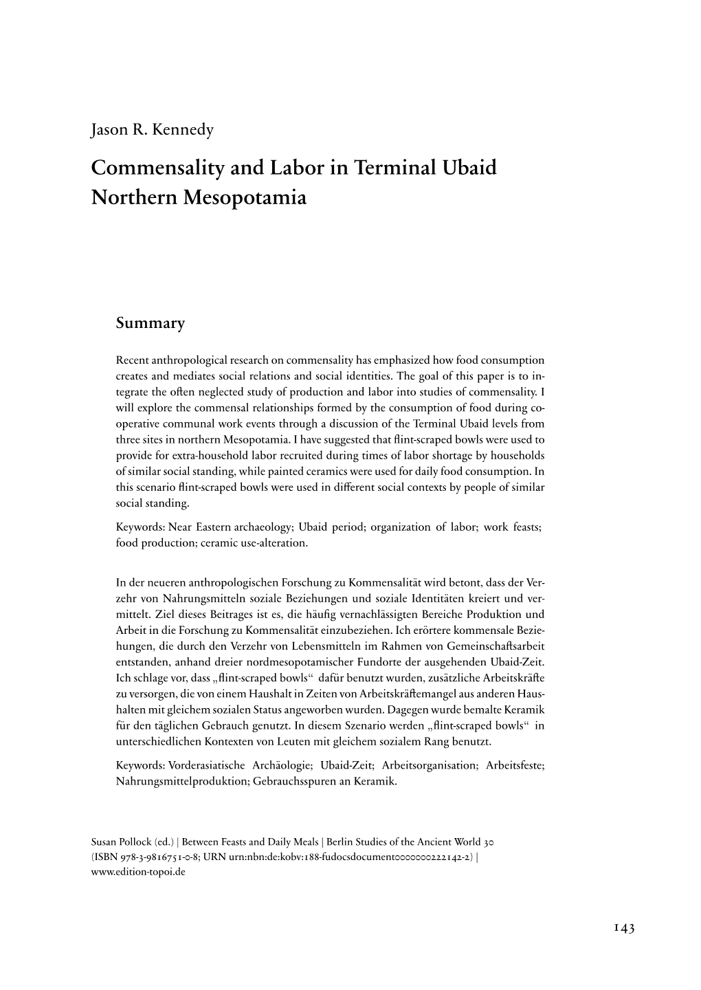 Commensality and Labor in Terminal Ubaid Northern Mesopotamia