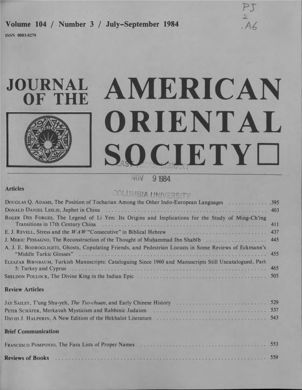 AMERICAN ORIENTAL SOCIETYD NOV 91984 Articles ' J ' ^01^ | Fjyijvpcjcjty D O U Glas Q