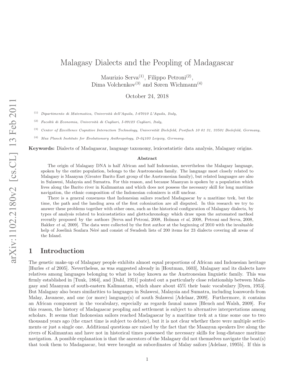 Malagasy Dialects and the Peopling of Madagascar