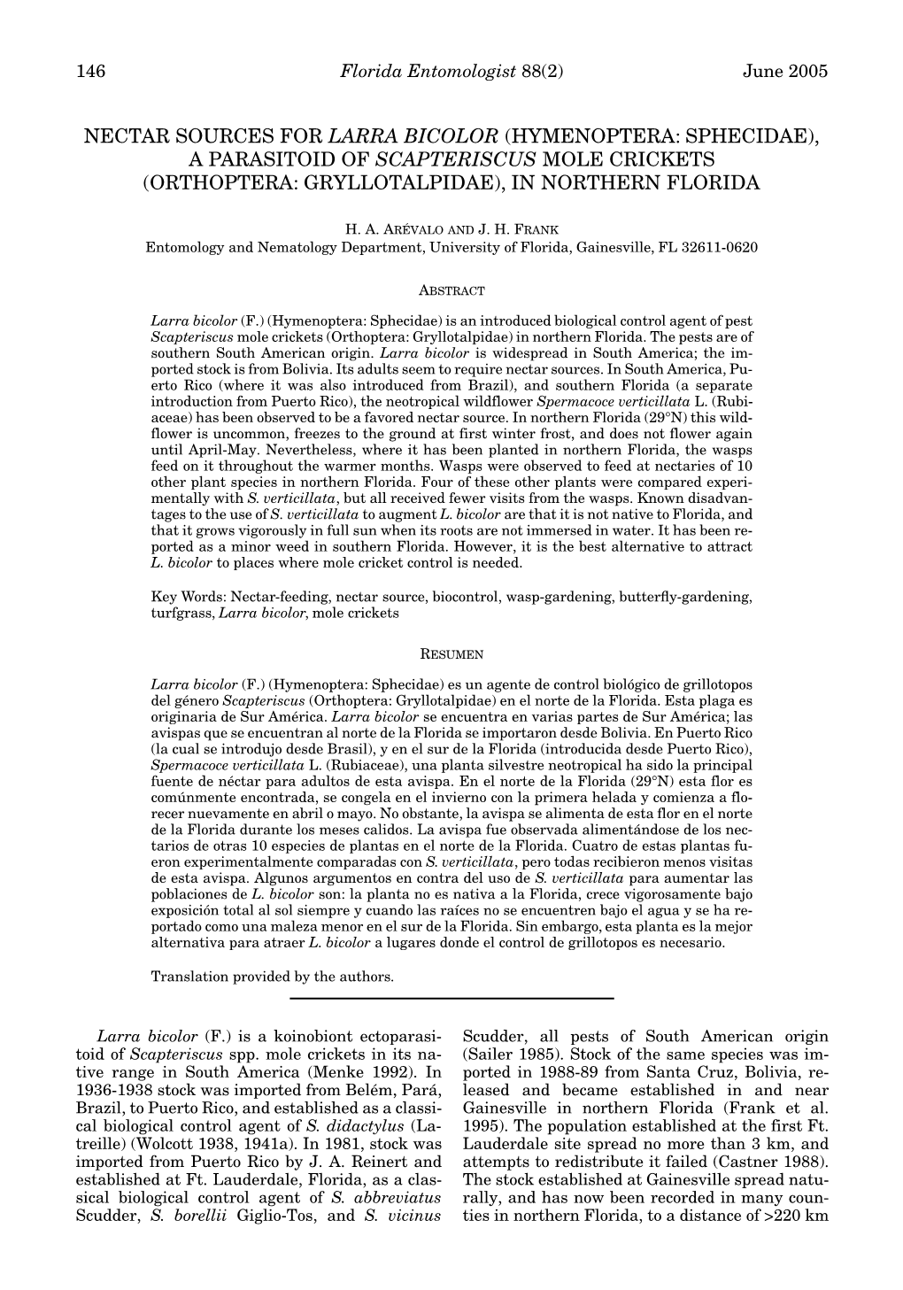 Nectar Sources for Larra Bicolor (Hymenoptera: Sphecidae), a Parasitoid of Scapteriscus Mole Crickets (Orthoptera: Gryllotalpidae), in Northern Florida