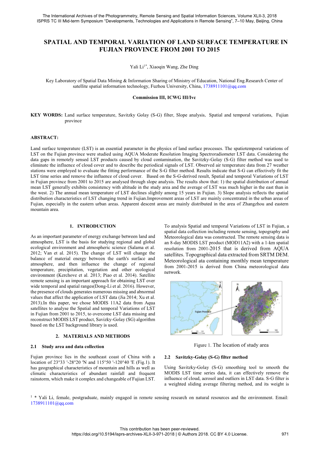 Spatial and Temporal Variation of Land Surface Temperature in Fujian Province from 2001 to 2015