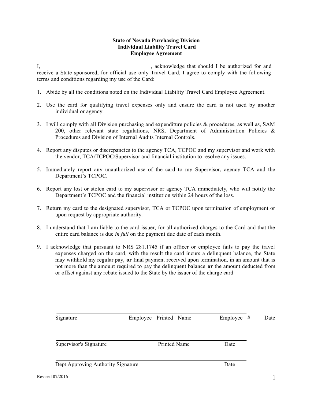 State Of Nevada Individual Liability Travel Card