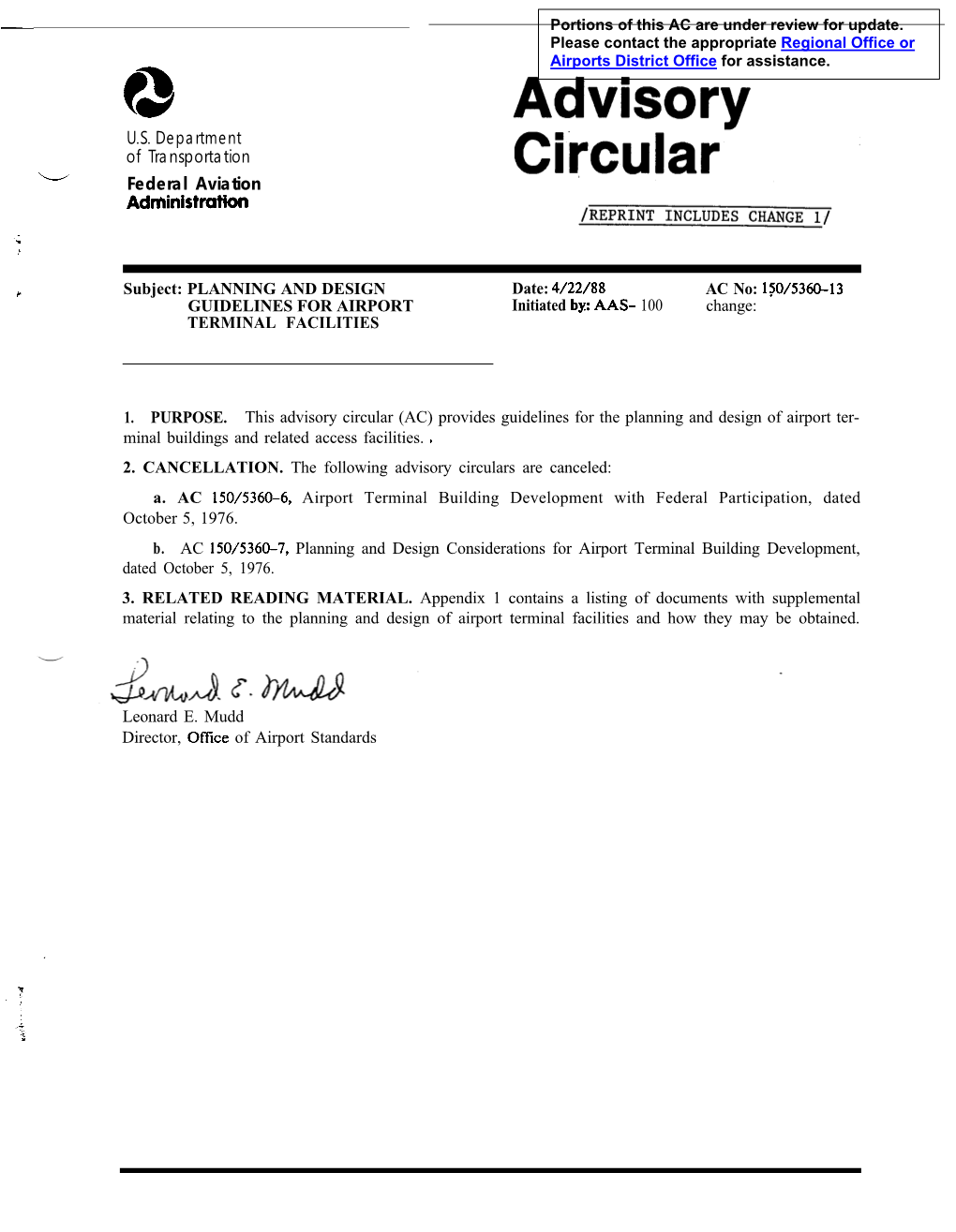 AC 150/5360-13, Planning and Design Guidelines for Airport Terminal Facilities