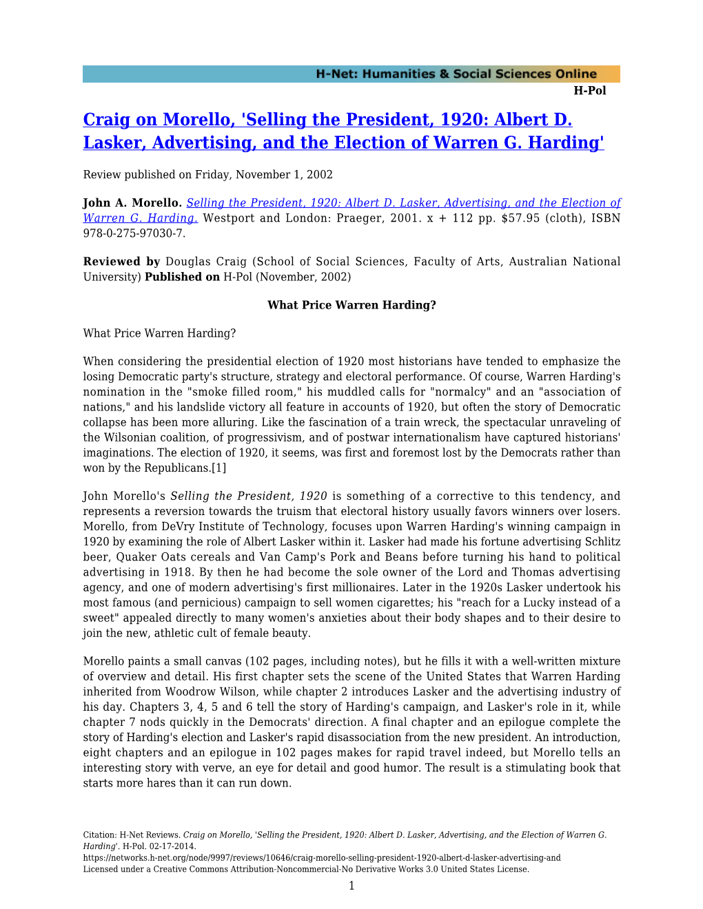 Selling the President, 1920: Albert D. Lasker, Advertising, and the Election of Warren G